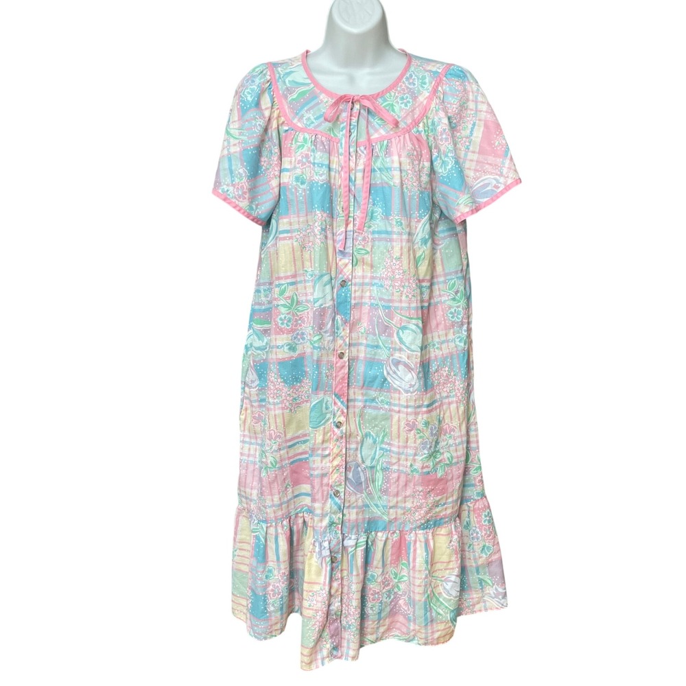 Vintage Floral House Dress Nightgown Pastel Pink Blue Medium Girly Grandmacore